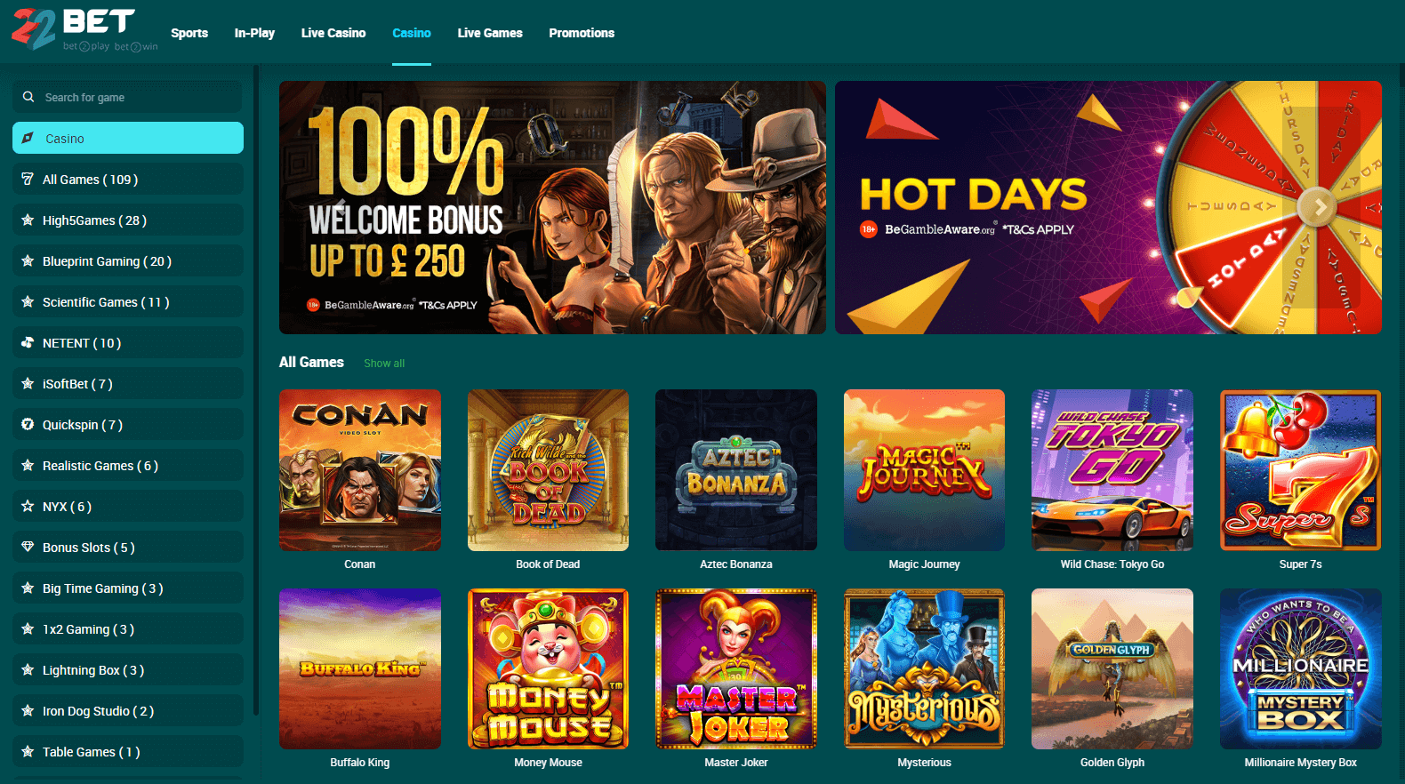 The 22Bet casino features a complete portfolio of interactive games, with a strong focus on slot machines.
