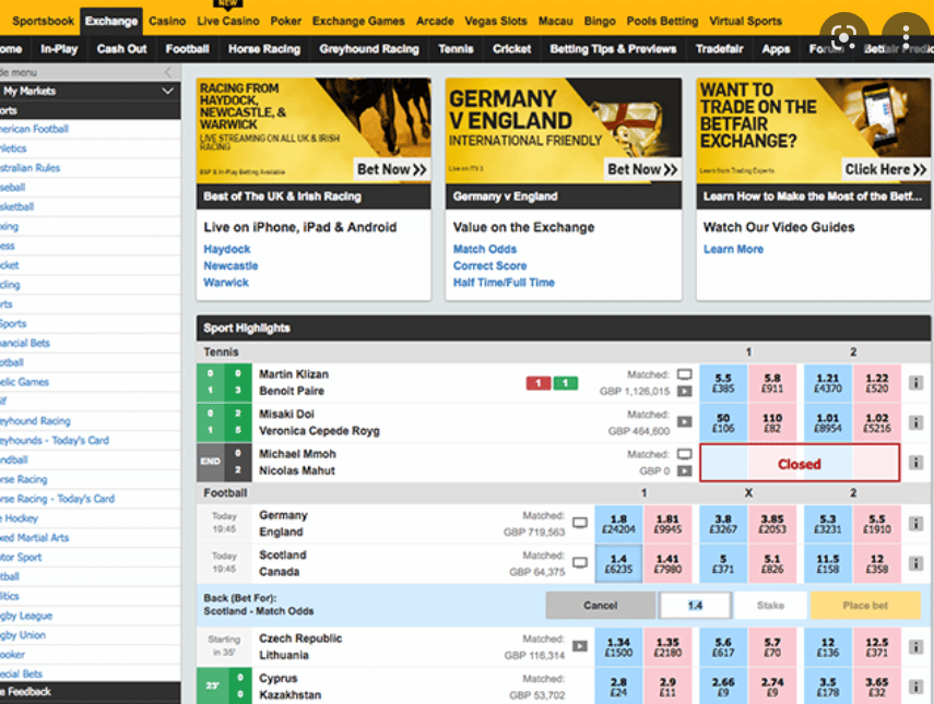 The Betfair betting interface is clean and uncluterred. It provides direct access to the best betting propositions.